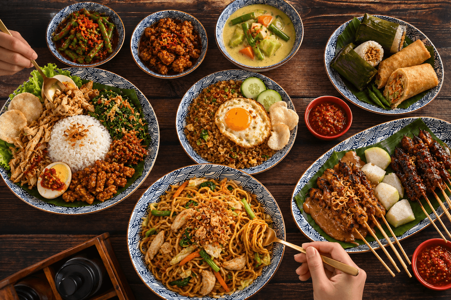 Een tafel met nasi, bami, saté, groenten, sambal en Indonesische snacks